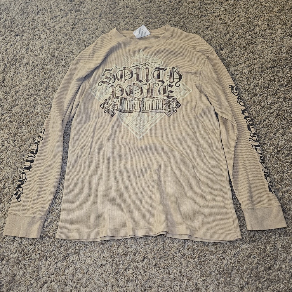 South Pole Thermal Long Sleeve Shirt Men's XL Beige Tan Waffle Knit Y2K